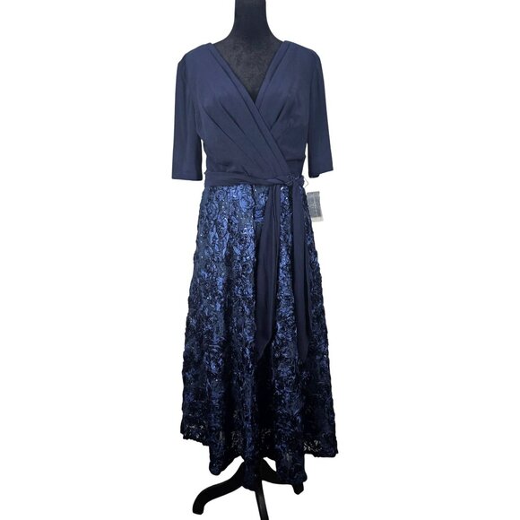 Alex Evenings Navy Tea-Length Soutache Sequined Dress Tie Belt Size 8 Party - Picture 3 of 11